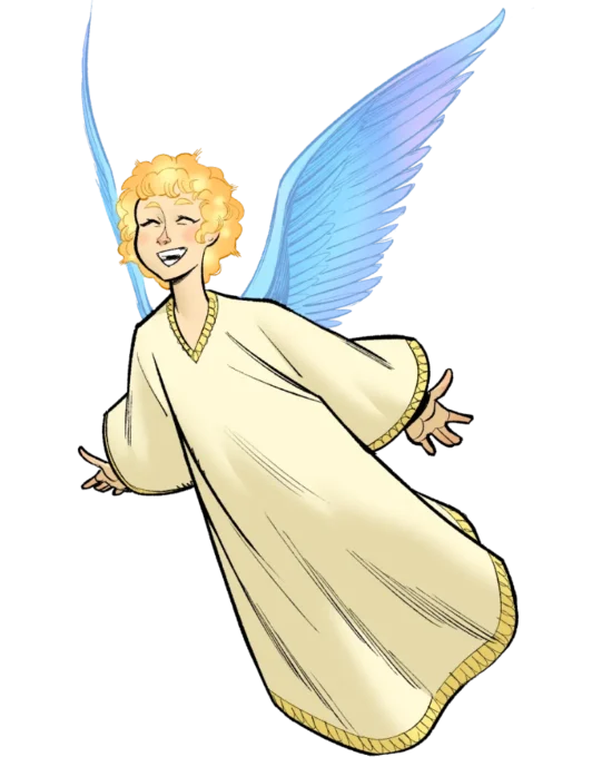 Illustrazione di un angelo con ali che annuncia la nascita di Gesù ai pastori nel cielo di Betlemme.