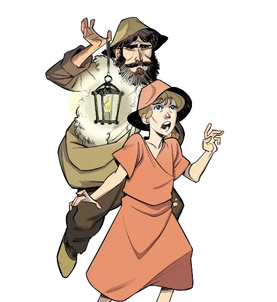 Illustrazione di due pastori che ricevono l'annuncio della nascita di Gesù e si preparano a raggiungere Betlemme.