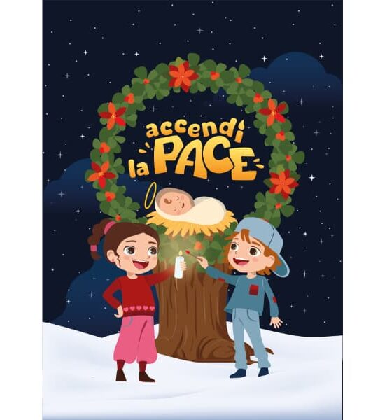 Illustrazione vettoriale di due bambini che accendono una candela davanti a Gesù Bambino nella mangiatoia, inserito in una corona di Avvento, simbolo di pace, speranza e attesa del Natale.