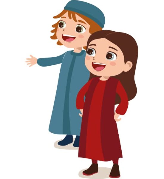 Illustrazione vettoriale di due bambini pastorelli sorridenti, ispirati al presepe e alla Natività, in stile cartoon con fondo trasparente.