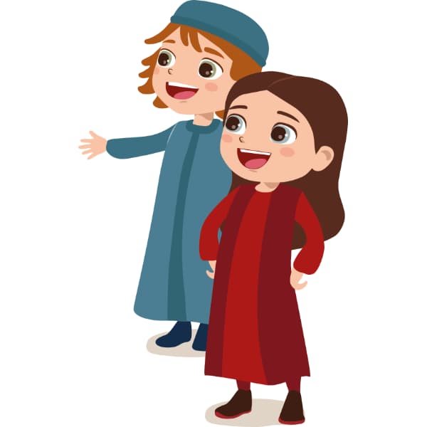 Illustrazione vettoriale di due bambini pastorelli sorridenti, ispirati al presepe e alla Natività, in stile cartoon con fondo trasparente.