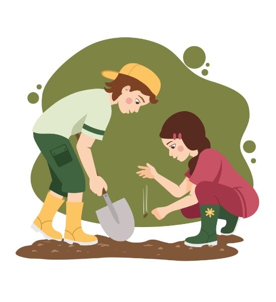 Illustrazione vettoriale di due bambini che seminano un seme nella terra, ispirata alla parabola del seminatore e simbolo della crescita della Parola di Dio nel cuore.