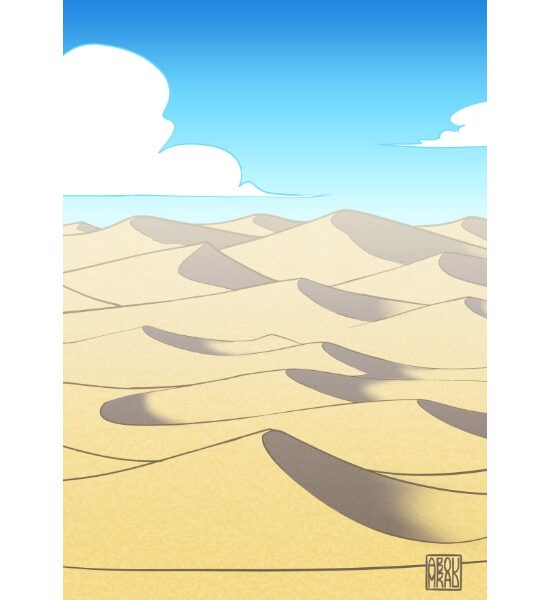 Illustrazione di un paesaggio con dune di sabbia e cielo azzurro, ideale come sfondo per scene bibliche ambientate nel deserto.
