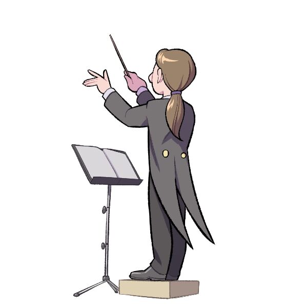 Illustrazione di un direttore d'orchestra mentre dirige un gruppo musicale con bacchetta e leggio.