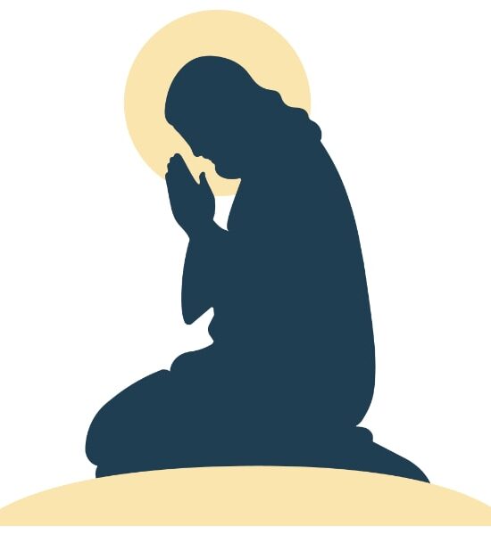 Illustrazione vettoriale della silhouette di Gesù in preghiera con capo chino e mani giunte, simbolo di raccoglimento, fiducia nel Padre e spiritualità cristiana.