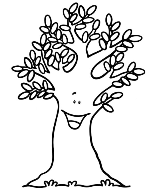 Disegno da colorare di un grande albero sorridente con rami e foglie, simbolo di vita, crescita, cura del creato e capacità di portare frutto.