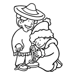 Disegno da colorare di un bambino che si china per aiutare un altro bambino ad allacciare una scarpa, simbolo di umilt&agrave;, servizio e disponibilit&agrave; verso gli altri.