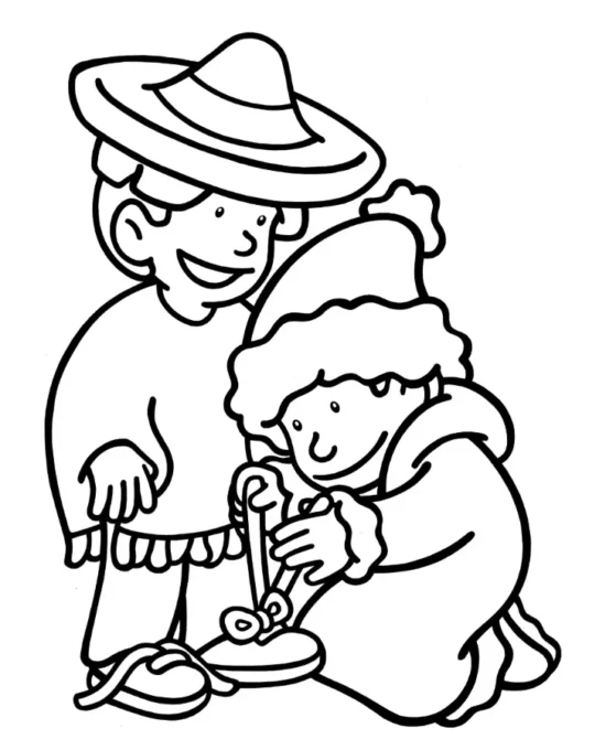 Disegno da colorare di un bambino che si china per aiutare un altro bambino ad allacciare una scarpa, simbolo di umiltà, servizio e disponibilità verso gli altri.