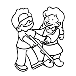 Disegno da colorare di due bambini che svolgono un percorso di fiducia: uno &egrave; bendato e cammina con un bastone mentre l&rsquo;altra bambina lo accompagna e lo guida.