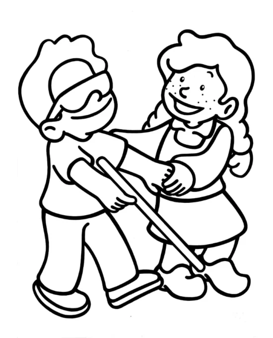 Disegno da colorare di due bambini che svolgono un percorso di fiducia: uno è bendato e cammina con un bastone mentre l’altra bambina lo accompagna e lo guida.