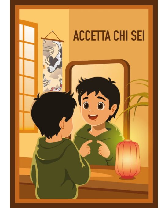 Illustrazione di un bambino che si guarda allo specchio sorridendo, simbolo dell’accettazione di sé, dell’autenticità e della capacità di riconoscere il proprio valore.