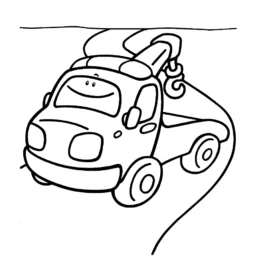 Disegno da colorare di un carro attrezzi sorridente con gancio di traino, simbolo di aiuto, disponibilità e sostegno verso chi si trova in difficoltà.