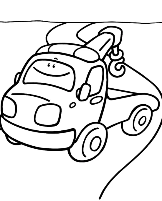 Disegno da colorare di un carro attrezzi sorridente con gancio di traino, simbolo di aiuto, disponibilità e sostegno verso chi si trova in difficoltà.