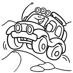 Disegno da colorare di un fuoristrada sorridente che percorre un terreno accidentato, simbolo di cammino, avventura, coraggio e capacità di superare gli ostacoli.