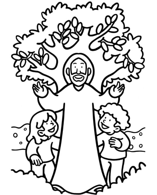 Disegno da colorare di Gesù con le braccia aperte insieme a due bambini sotto un grande albero, in un giardino, simbolo di accoglienza, amicizia e vicinanza di Gesù.