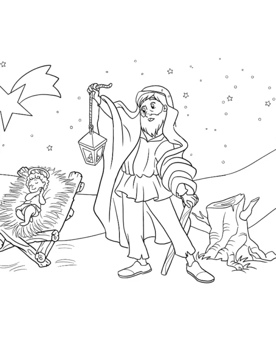 Disegno da colorare di un uomo con una lanterna che cammina nella notte verso Gesù Bambino nella mangiatoia, guidato dalla stella di Betlemme.
