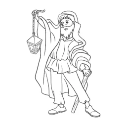 Disegno da colorare di un uomo in abiti antichi che cammina con un bastone e una lanterna accesa, simbolo della ricerca, del cammino e della luce che guida.