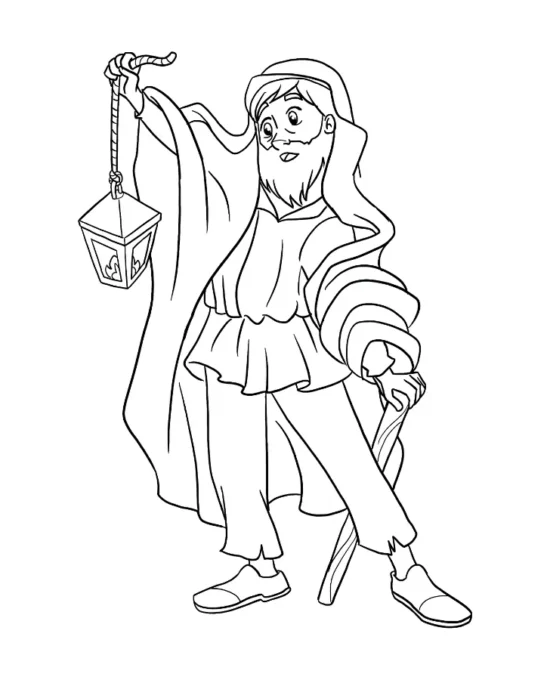 Disegno da colorare di un uomo in abiti antichi che cammina con un bastone e una lanterna accesa, simbolo della ricerca, del cammino e della luce che guida.